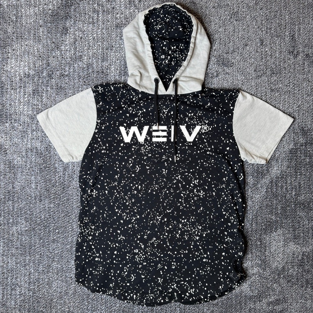 WEIV Athletic Mens Paint Splatter Short‎ Sleeve Hoodie Black Grey Streetwear M